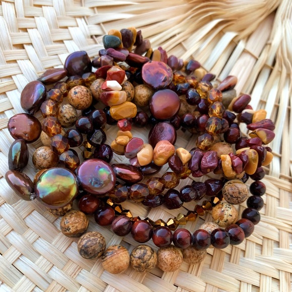 Natural Dark Red Garnet & Gold Jasper Mookaite Mix Gemstone Bead Bracelet Stack - Picture 1 of 11